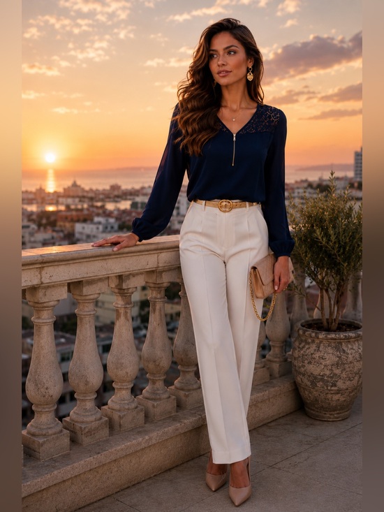 Notations Tops - ✨ Notations Navy Lace Zip Front Blouse | Long Sleeve